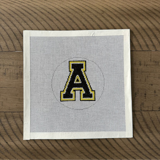 Appalachian “A” Black and Gold Block Letter 4” Round Hand Painted Needlepoint Canvas on 18 Count Canvas