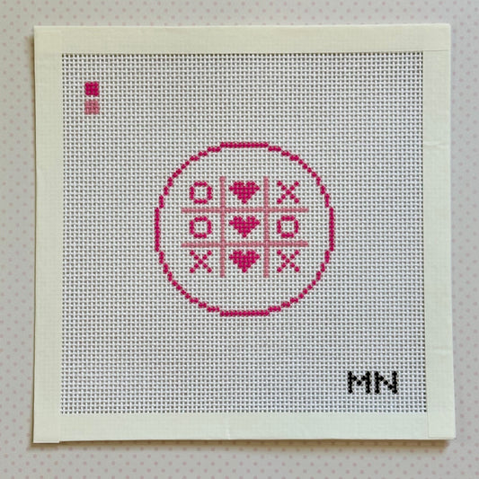 Tic-Tac-Toe XOXO Valentine’s 3” Round Hand Painted Needlepoint Canvas on 13 Count Canvas