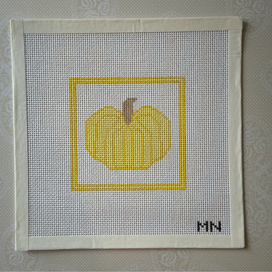 Yellow Pumpkin 4” Square Hand Painted Needlepoint Canvas on 13 Count Canvas