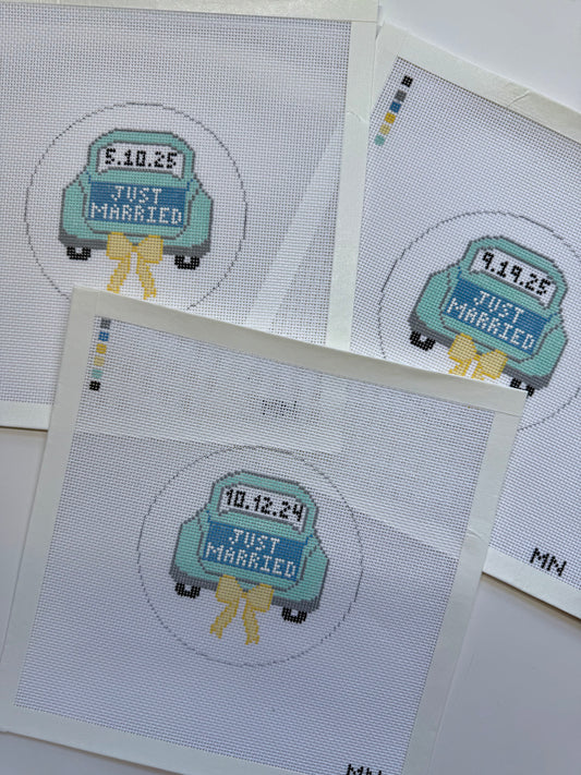 Just Married Teal Car Yellow Bow