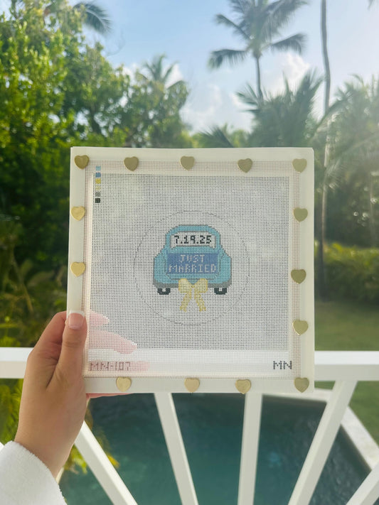 Just Married Teal Car Yellow Bow Needlepoint Canvas 4 Round Hand Painted on 18 Count Mesh